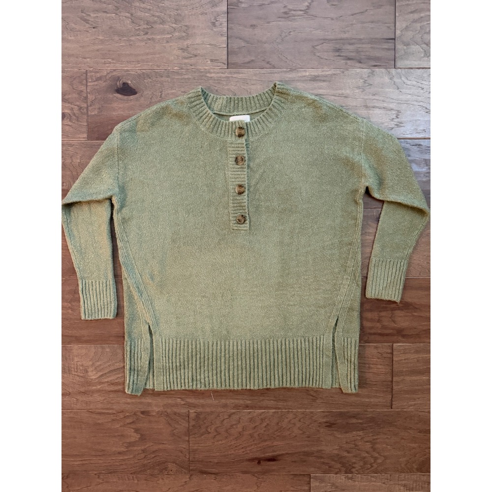 Lou & Grey Henley Sweater Womens Small Green Acrylic Relaxed Side Slit Cozy